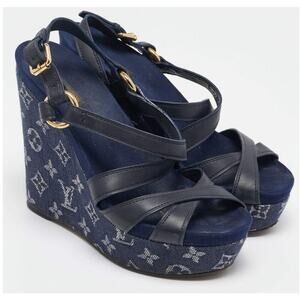 Louis Vuitton Navy Blue Leather and Monogram Denim Ocean Wedge Sandals Size 38.5